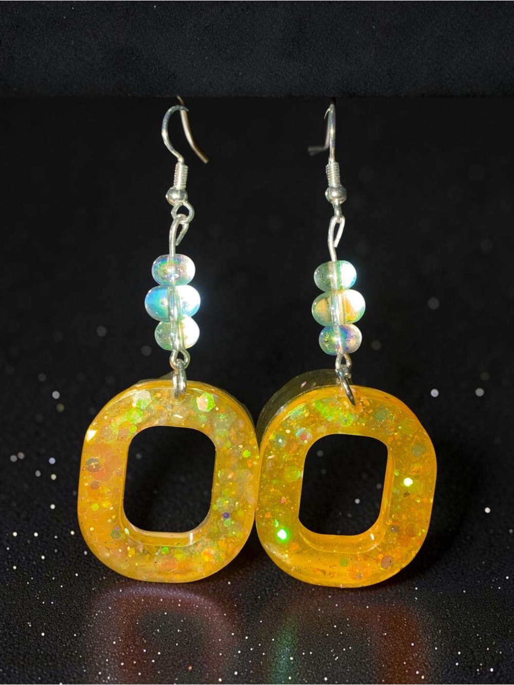 Handmade Golden Glitter Resin Square Beaded Dangle Earrings - Picture 3 of 5